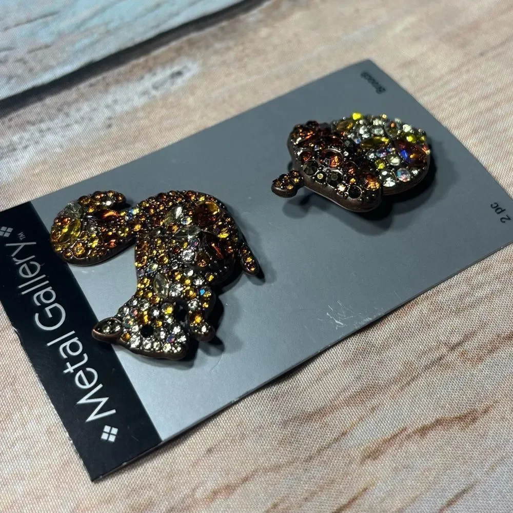 New! Metal Gallery Squirrel & Acorn Rhinestone Brooches NWT